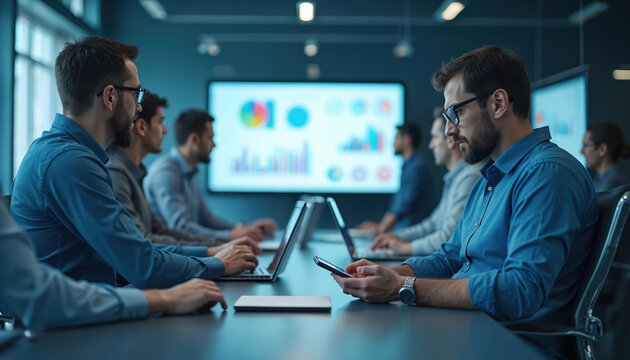 Business people in meeting room analyze charts on big screen, laptops. Team discusses project strategy planning, data review, performance metrics. Men work on computers, use phone. Modern office - Powered by Adobe