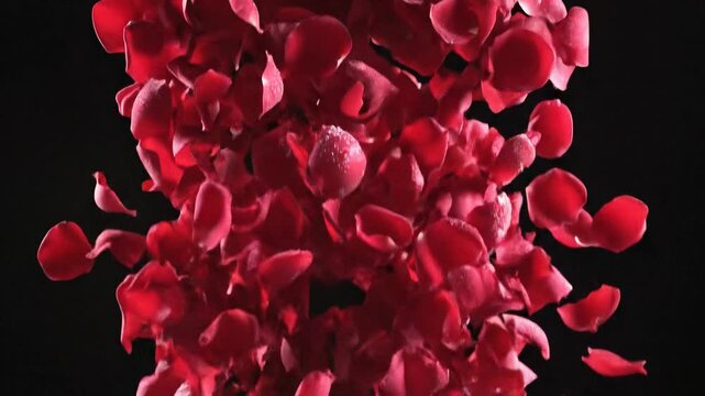 A cascade of red rose petals against a dark background, creating a romantic and luxurious effect