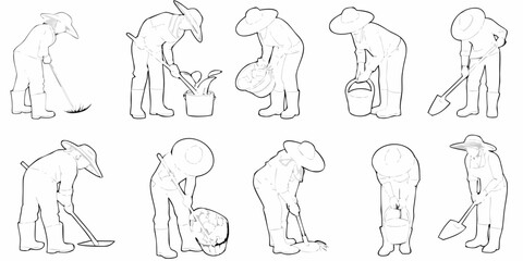 Line art illustrations of gardeners in various working poses and hats