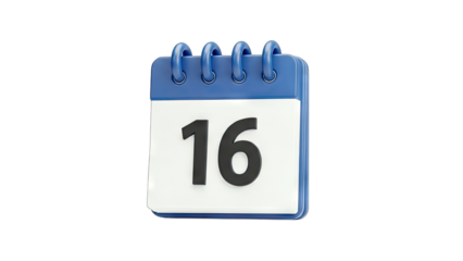 Calendar with the number 16 on it, isolated on white background.