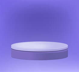 Minimalist product display podium with a white circular top and purple base against a solid purple background.