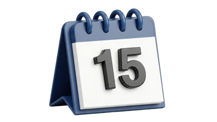 Calendar with the number 15 isolated on white background.