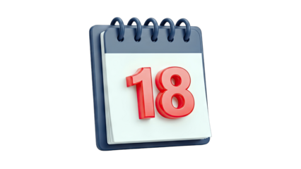 Calendar with the number 18 isolated on white background.