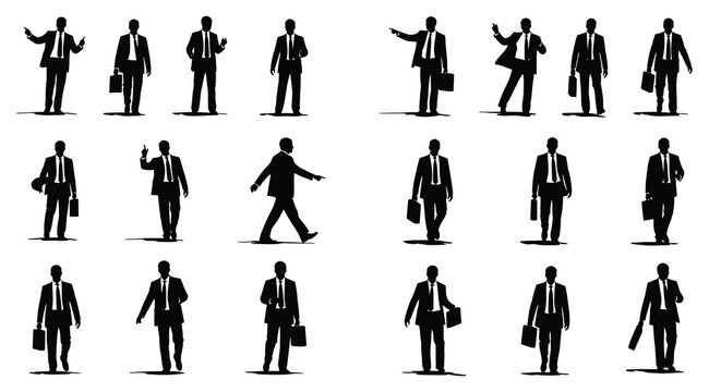 Businessman silhouettes in suit with briefcase, 15 poses showing gestures, walking, standing, and body language, representing corporate communication, office work, leadership, professionalism, and cha