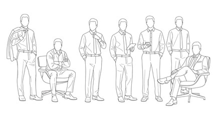 Businessmen line drawings in professional attire, seven poses with laptop, clipboard, gestures, seated office chair, standing confident, illustrating workplace behavior, corporate training, leadership