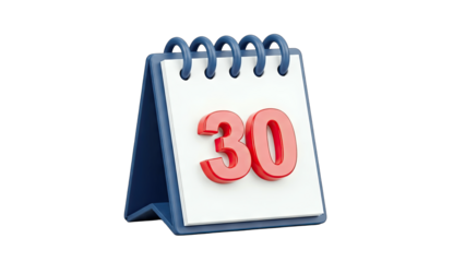 Calendar with the number 30 isolated on white background.