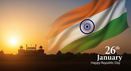 Indian Tricolour Horizon with Red Fort. Cinematic Republic Day Banner.