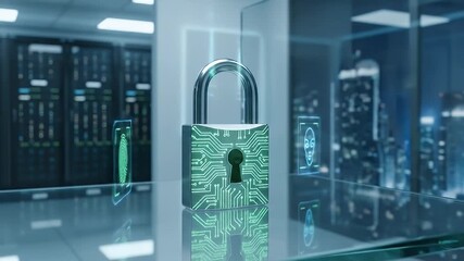 Digital Security Lock and Cloud Icons Floating Above a Table with Server Racks in the Background and Cityscape at Night Visible Through a Window Glowing with Neon Lights - Powered by Adobe