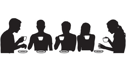 Group of People Drinking Coffee Silhouetted on White Background