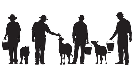 Farmers Feeding Sheep with Buckets on Farm