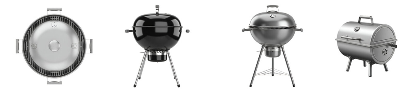 Four different styles of grills displayed on a plane, each with unique features and designs on transparent background