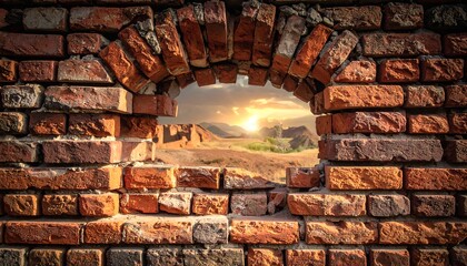 A brick wall with a circular opening reveals a stunning landscape at sunset. The hole frames the distant hills and sun