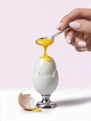 Close up of a young woman's hand with elegant neutral manicure, dipping a spoon into a white, hard-boiled egg on a holder-egg, with a cracked shell and some spilled yolk.