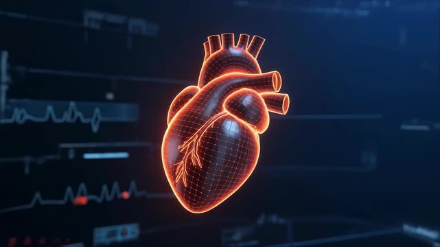 Futuristic Holographic Human Heart Animation with Digital Data and EKG Waveforms on a Dark Blue Background