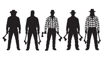 Lumberjack Men Holding Axes in Various Plaid Shirts and Hats Silhouette
