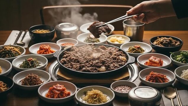 Delicious Korean BBQ Meal with Various Side Dishes and Steaming Hot Meat.