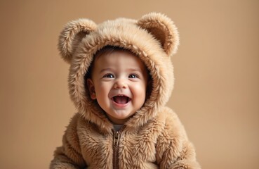 Happy infant wears furry bear suit with hood and ears, smiling broadly in studio. Baby joyful expression, warmth and innocence, concept for holidays and children. Cozy, cuddly, cute bear cub.