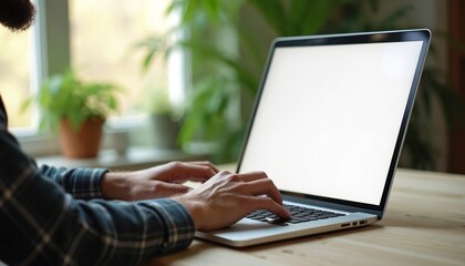 Young man typing on laptop computer keyboard in cozy home room. Person works on modern notebook with blank white screen at wooden table. Home office atmosphere with green plants.