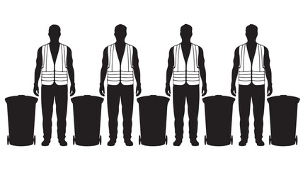 Waste Management Workers Standing with Trash Bins, Silhouettes on White Background