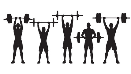 Silhouette Men Lifting Weights in Various Poses Isolated on White