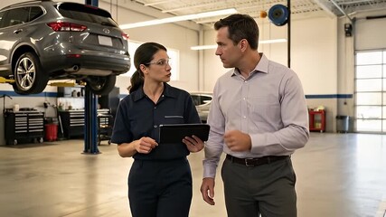 Automotive mechanic female in blue uniform explains repair information on tablet to male customer in light colored shirt in brightly lit garage with cars and equipment
