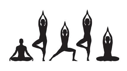 Yoga Silhouettes Practicing Various Poses Isolated on White Background