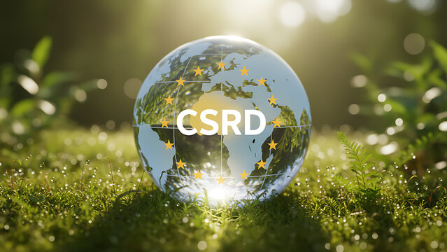 Transparent globe shows EU map, CSRD text. European Union stars circle letters. Rests on vibrant green moss with sunlight bokeh. Represents eco-friendly business, Environmental, Social, and Governance
