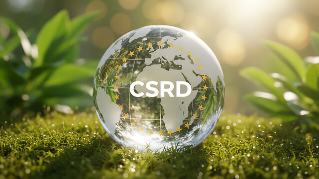 Transparent globe shows EU map, CSRD text. European Union stars circle letters. Rests on vibrant green moss with sunlight bokeh. Represents eco-friendly business, Environmental, Social, and Governance