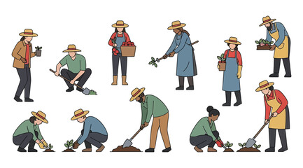 Naklejka premium Illustration of ten individuals engaged in gardening tasks including planting, watering, digging, and carrying plants, symbolizing teamwork, sustainability, outdoor activity, agriculture, and communit