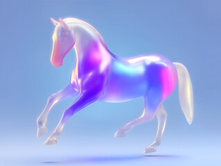 Holographic horse 3D illustration in dynamic motion with glossy surface and futuristic pastel lighting