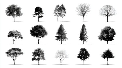 Collection of simple tree silhouettes in various shapes and sizes isolated on a clean white background for nature, forest, and outdoor illustration projects