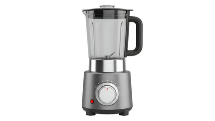A modern grey kitchen blender with a clear jar and black details against a black background