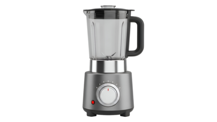 A modern grey kitchen blender with a clear jar and black details against a black background