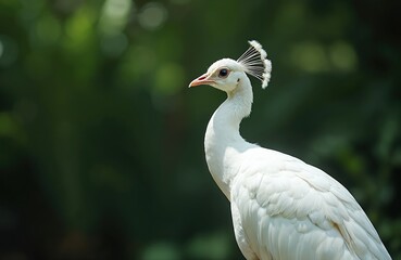 Obraz premium White peacock displays elegant crest and feathers. This rare albino bird with striking eye looks serenely forward against soft green bokeh background. Captures pure natural beauty.