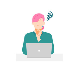 PCと悩んでいる私服の女性のイラスト。フラットデザイン。