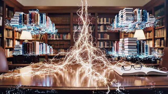 A glowing blue light bursts on a wooden table in a library with bookshelves.