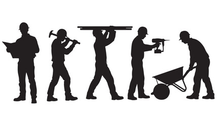 Construction Workers Performing Various Tasks Isolated on White