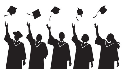 Graduates Throwing Caps in Air Silhouette on White Background