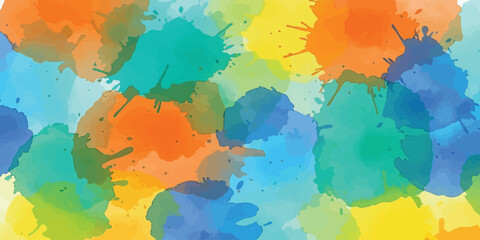 Vibrant abstract watercolor background with colorful paint splatters and overlapping blots in blue yellow orange and green