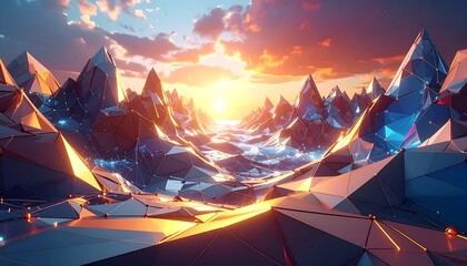 A breathtaking polygonal landscape bathed in the warm glow of a setting sun. Crystalline structures catch the light, creating a stunning visual display