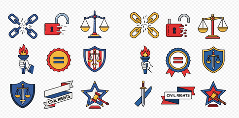 Collection of civil rights and justice icons including broken chains, scales, and torches.