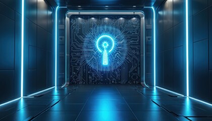 Futuristic hallway with glowing blue keyhole digital circuit pattern on wall. Abstract cyber security concept in modern sci-fi interior. Access granted.