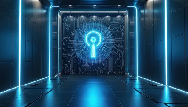 Futuristic hallway with glowing blue keyhole digital circuit pattern on wall. Abstract cyber security concept in modern sci-fi interior. Access granted. - Powered by Adobe