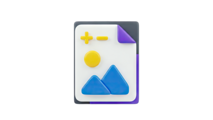 3D File Icon with Mountains, Sun, and Math Symbols