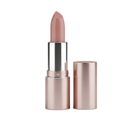 Open nude pink lipstick with rose gold case on transparent background