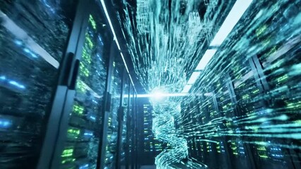 Data center hallway with server racks and glowing DNA helix in the center, viewed from the front. - Powered by Adobe