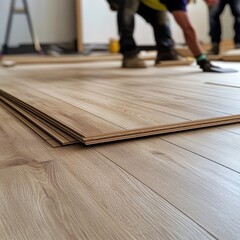 A man is working on a floor with wood planks
