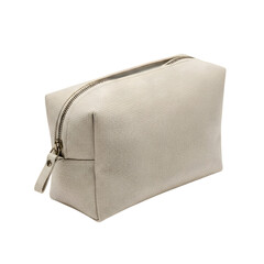 Elegant off-white leather dopp kit with antique brass zipper on transparent background