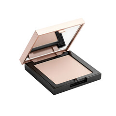 Open compact powder case with mirror and beige makeup product on transparent background