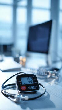 Close up digital blood pressure monitor, stethoscope on clean desk in contemporary medical clinic. Innovative tools symbolize precision, health awareness, professional healthcare services